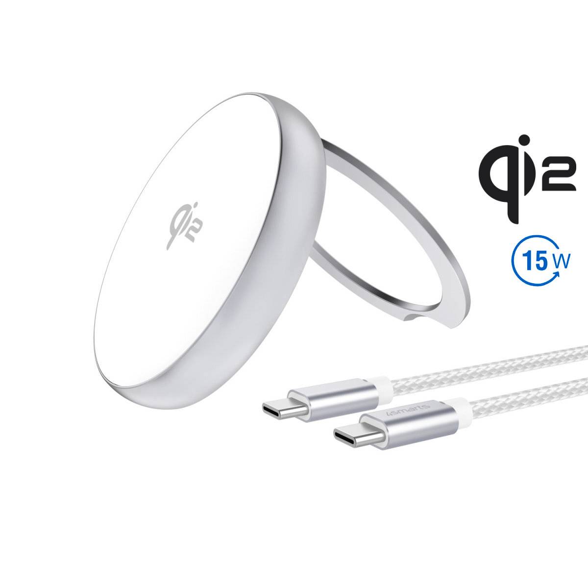 Qi2 magnetni brezžični polnilnik 15W z pletenim kablom USB-C na belem ozadju.
