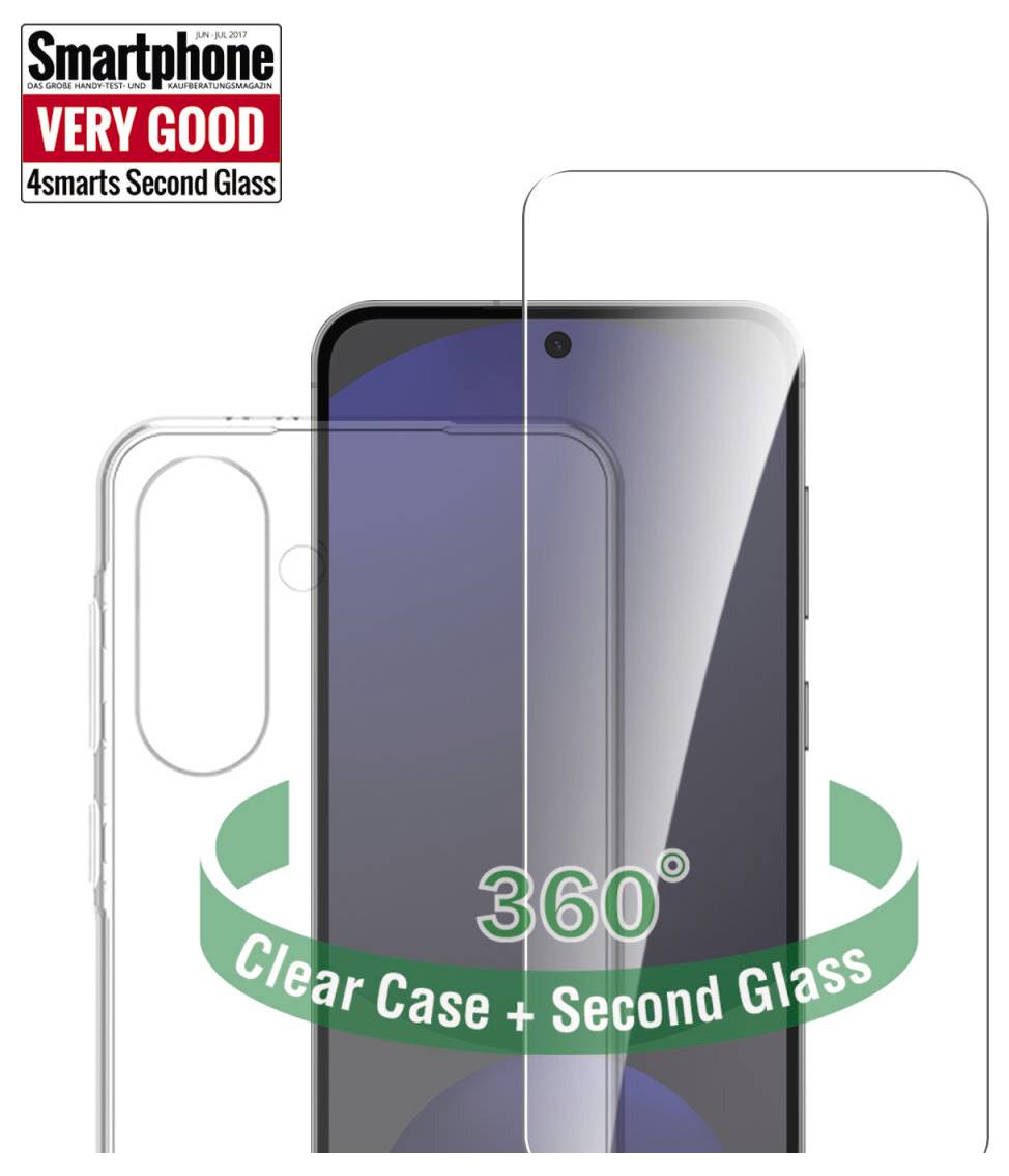 Promocijska slika pametnega telefona s prozorno torbico in zaščito zaslona »360° Clear Case + Second Glass«, označena s »ZELO DOBRO« s strani Smartphone.