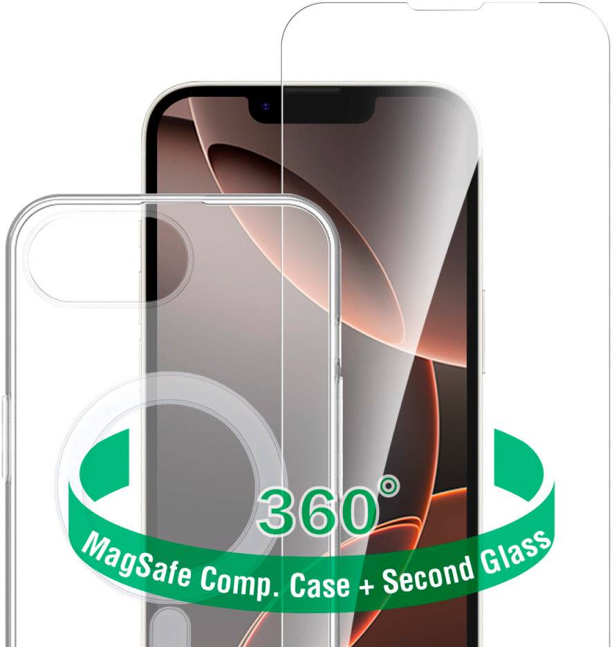 Promocijska slika zaščitnika zaslona pametnega telefona in MagSafe-kompatibilnega prozirnega ovitka, označena z '360°' in 'MagSafe Kompatibilni ovinek + drugo zaščitno steklo'.