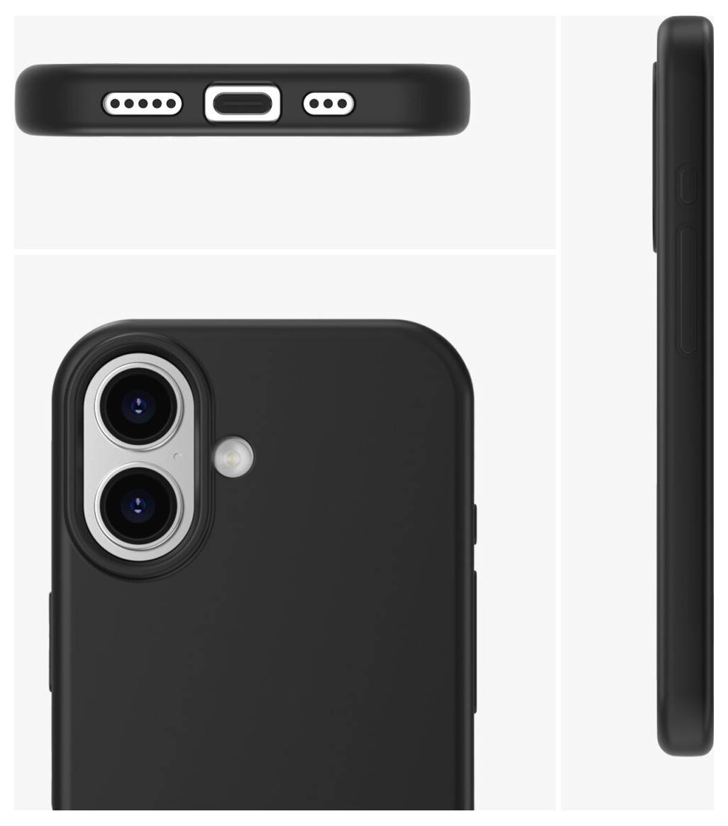 Črni ovoj za pametni telefon, prikazan iz več zornih kotov, ki poudarja dvojne izreze za zadnje kamere, odprtino za bliskavico, polnilni vhod na dnu in bočni profil.