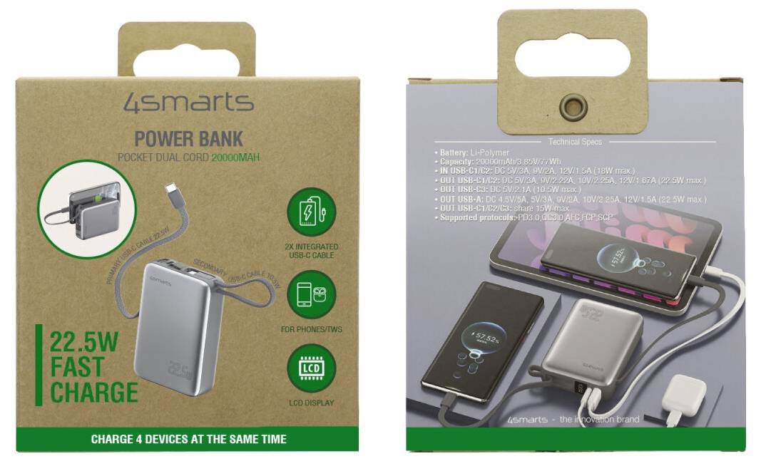4smarts power bank pakovanje prikazano spredaj in zadaj, poudarjajući prenosni polnilnik 20.000mAh s hitrim polnjenjem 22,5W in hkratnim polnjenjem štirih naprav.