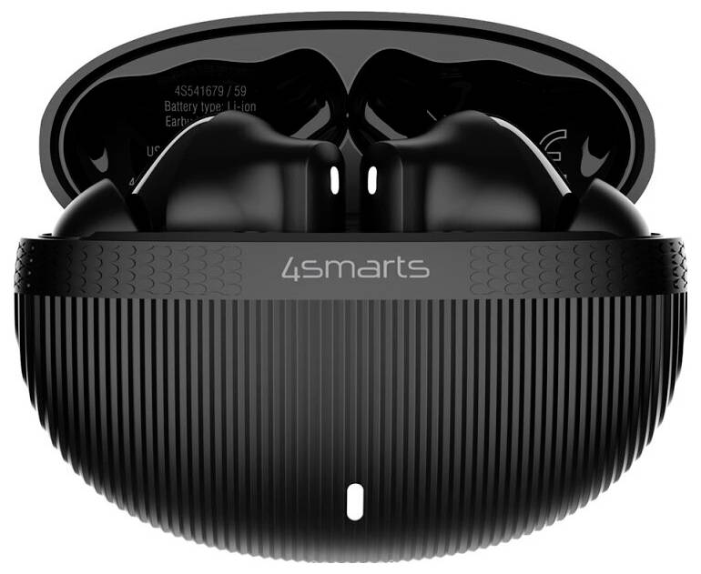 Črni brezžični slušalki 4smarts v odprti polnilni škatli z ribasto zunanjo površino, prikazani v sprednem pogledu na belem ozadju.