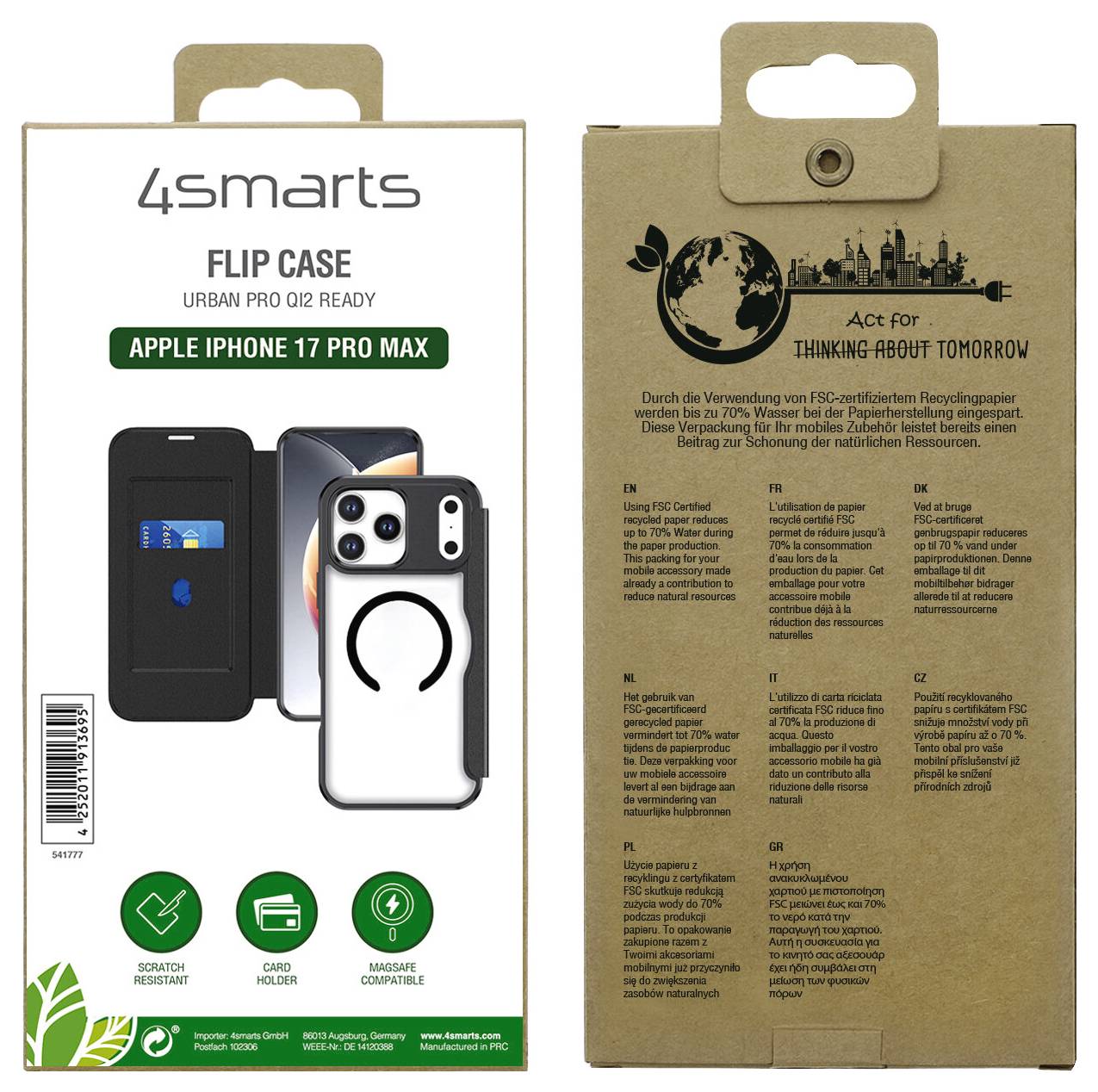 Pakirna škatla za preklop ohišje 4smarts za Apple iPhone 17 Pro Max, ki prikazuje sprednji in zadnji videz škatle z značilnostmi ohišja in ekološkim sporočilom.