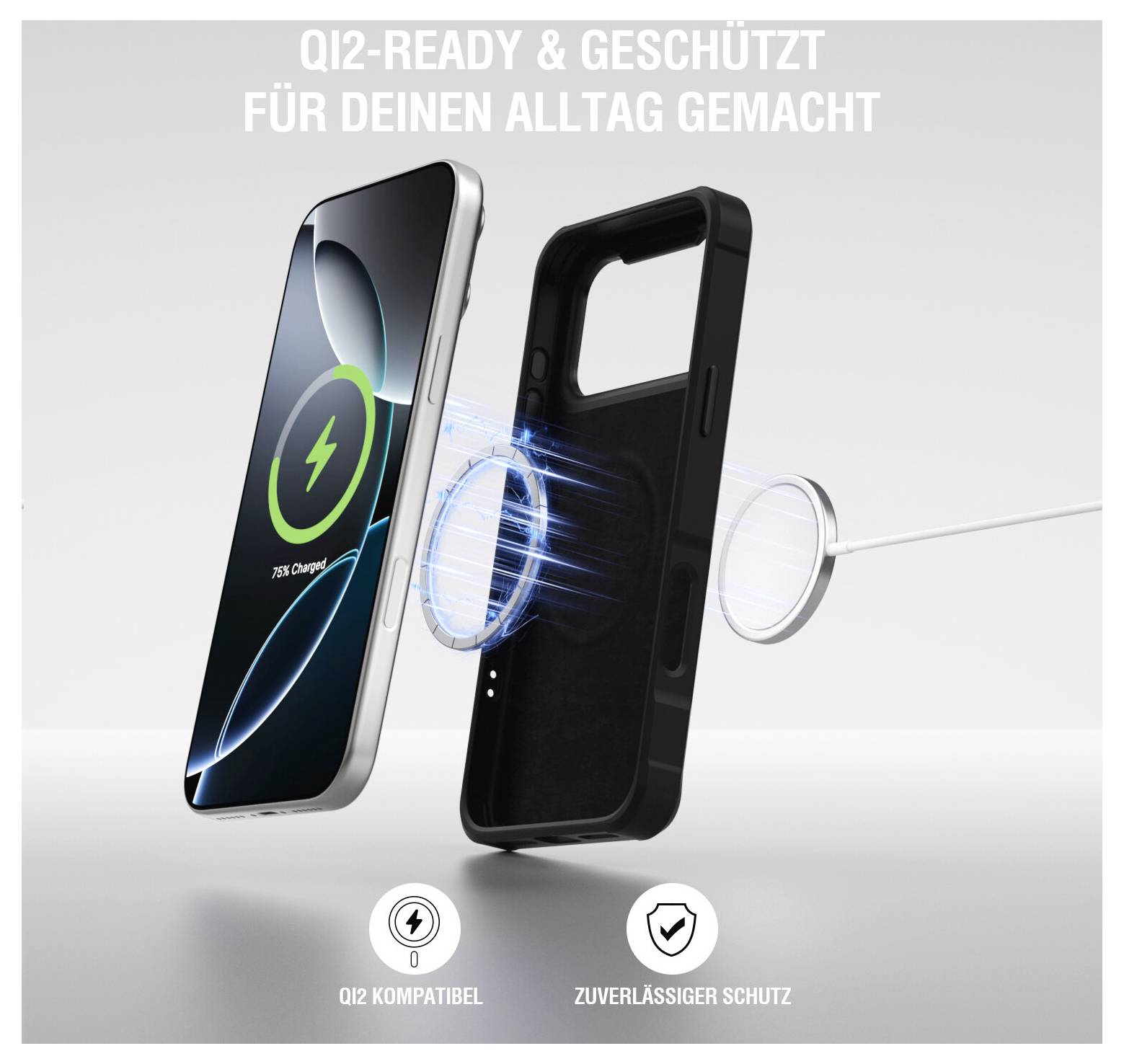 Promocijski grafični prikaz etui za telefon z vgrajenim MagSafe/Qi2 obročem, na katerem je prikazano 'QI2-READY & ZAŠČITA ZA TVOJ VSAKDAN', 'QI2 KOMPATIBILEN', 'ZANESLJIVA ZAŠČITA'.