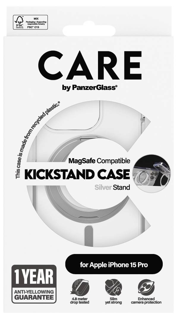 Pakiranje za nalepko 'CARE' MagSafe kompatibilen stojač za PanzerGlass, za Apple iPhone 15 Pro, srebrni stojač, z 1-letno garancijo proti poškrbljenin in izboljšano zaščito kamere.