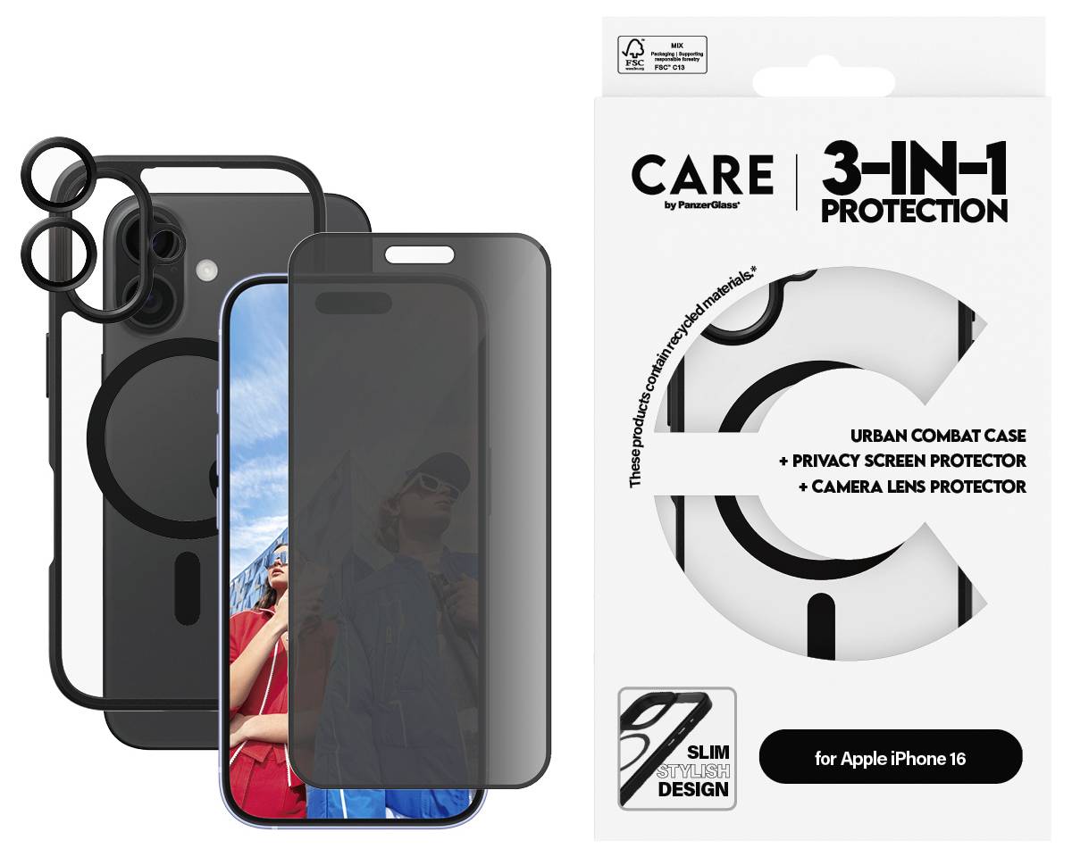 Embalažna slika za CARE 3-v-1 Zaščita za Apple iPhone 16, ki prikazuje urbano zaščitno mrzlico, zaščitnik zasebnosti za zaslon in zaščitnik objektiva kamere.
