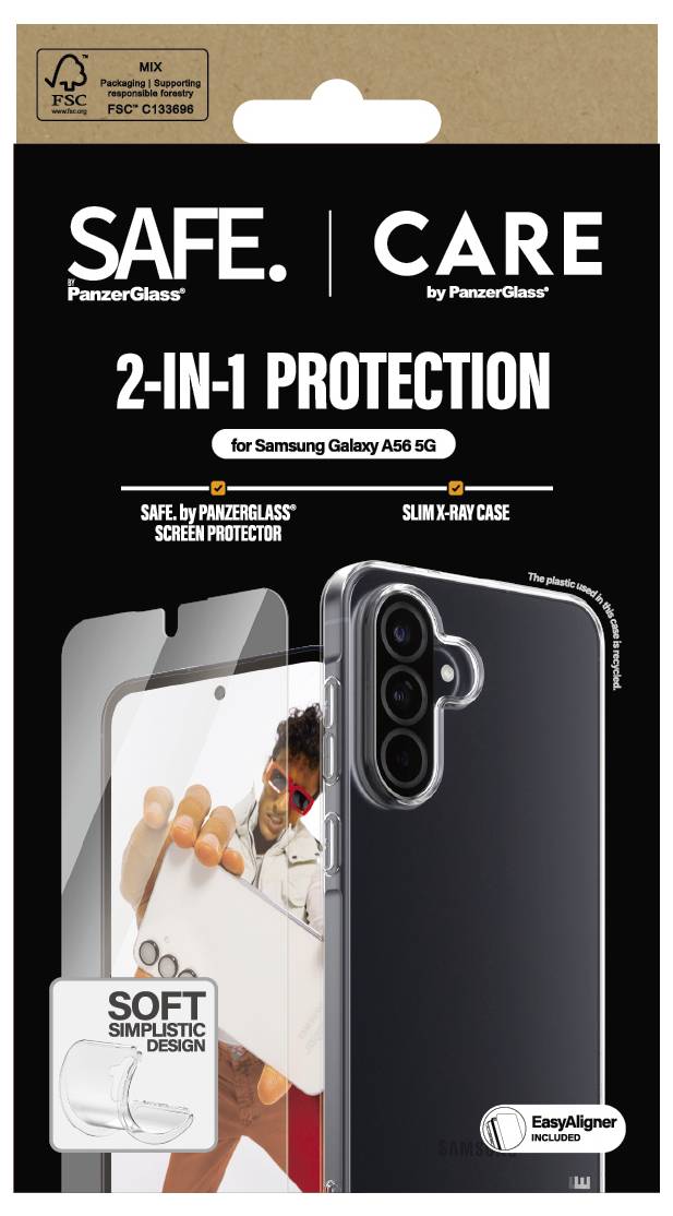 Pakiranje za PanzerGlass 'SAFE. CARE' 2-v-1 zaščita za Samsung Galaxy A56 5G, ki združuje zaščitnik zaslona in tanko X-Ray ohišje.