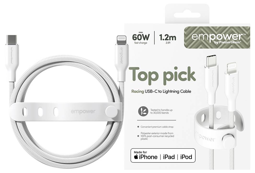 Paket izdelka za 'empower' USB-C do Lightning kabel dolžine 1,2 m, označen s 60W hitrim polnjenjem in 'Top pick', s prikazanim belim pletenim kablom in priključki.