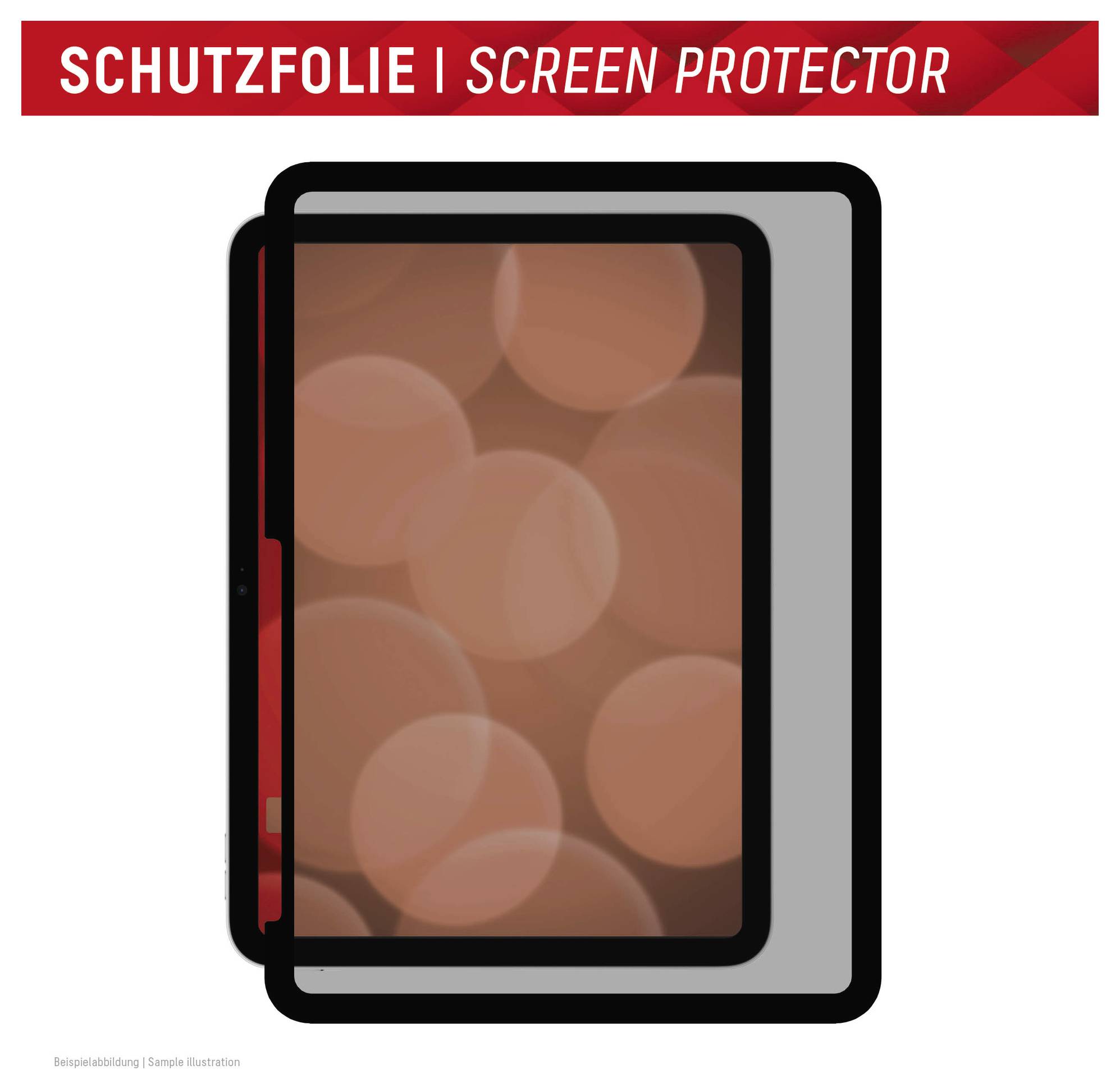 Ilustracija zaščitnega filma za zaslon, prikazujoča napravo, podobno tablici, z plastmi zaščitne folije in besedilom »SCHUTZFOLIE | SCREEN PROTECTOR« na vrhu.