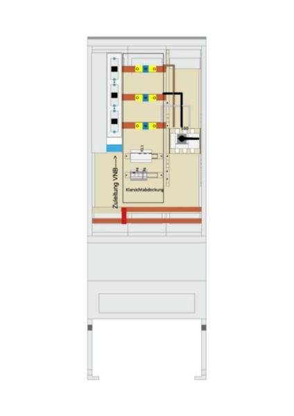Tehnični diagram stenske omarice z notranjim ožičenjem, stikali in označenimi komponenti "Zuleitung VN-B" in "Kernschleifblock".