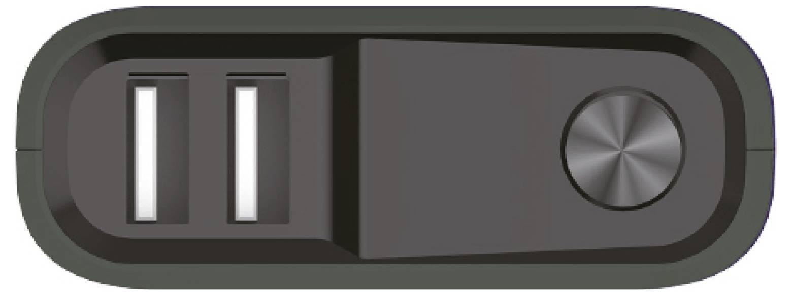 Minimalističen črn power bank z dvema USB vrati na levi strani in okroglim gumbom ali indikatorjem na desni strani.