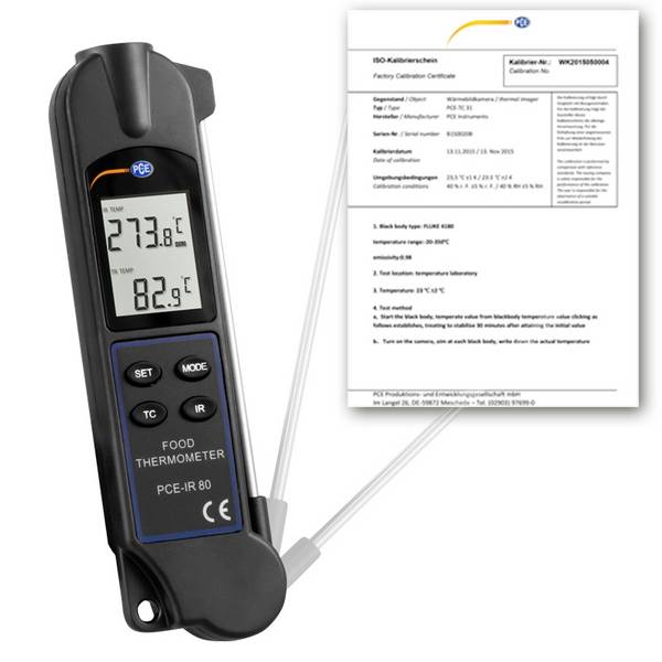 PCE Instruments PCE-IR 80-ICA infrardeči in vbodni termometer (HACCP) Kalibrirano (ISO) Merilno območje temperature -35 do 260 °C  kontaktno merjenje, brezkontaktno ir merjenje, s potopno/prodorno sondo