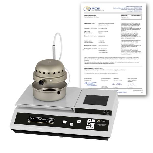 PCE Instruments PCE-UX 3011Q-ICA tehtnica za analizo vlažnosti PCE-UX 3011Q-ICA Kalibrirano (ISO) Območje tehtanja 220 g Berljivosti 0 g električni pogon bela, črna, črno-bela