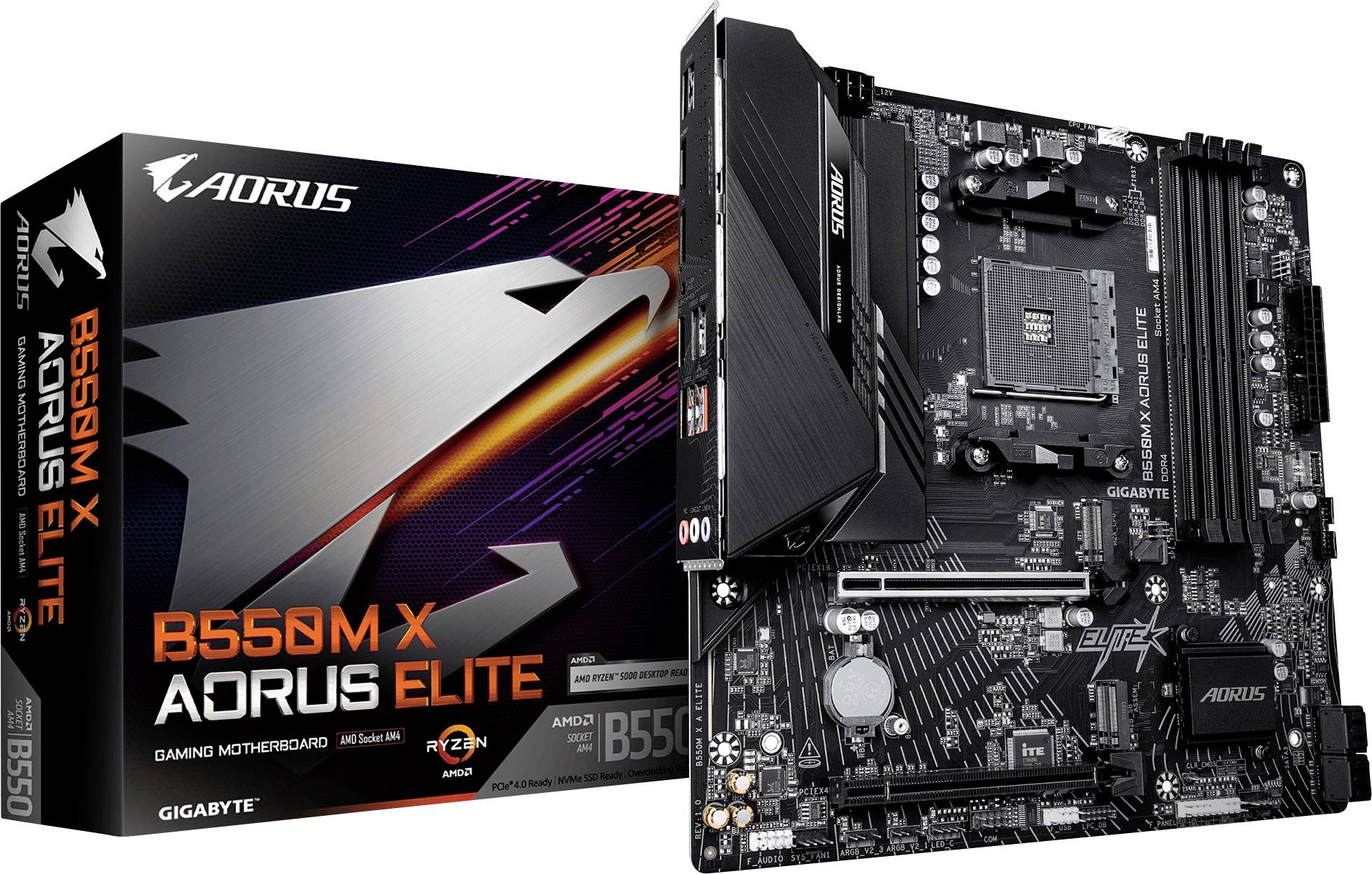 Matična plošča Gigabyte B550M X AORUS ELITE prikazana ob strani trgovske škatle na belem ozadju.