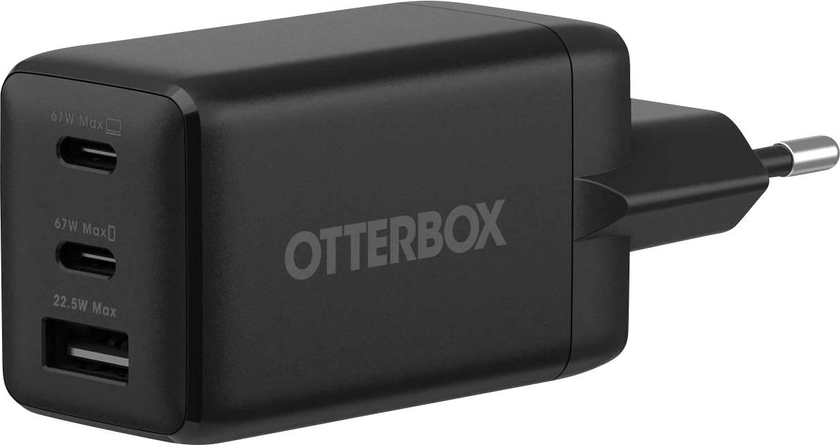 Črn polnilnik OtterBox za steno z dvema vhodoma USB-C in enim vhodom USB-A, prikazan z evropskim dvopolnim vtičem.