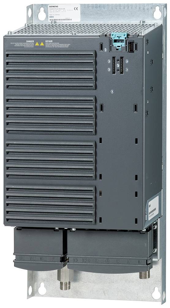 Industrijski elektromotorni modul Siemens montiran na kovinsko zadnjico, prikazan sprednji pogled s hladilnimi rebri, opozorilnimi nalepkami in priključki