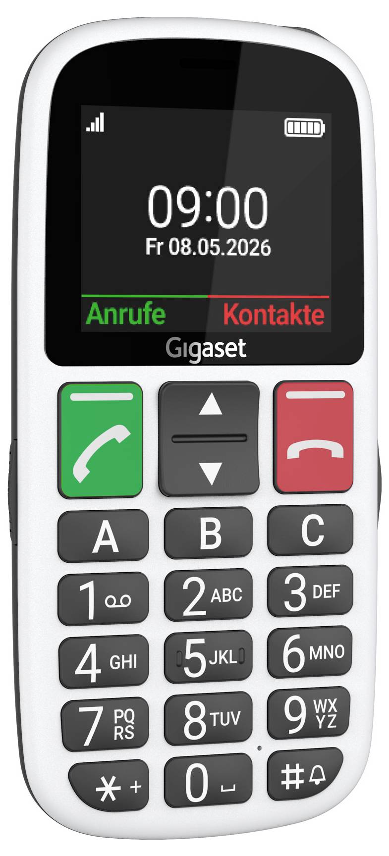 Beli telefon Gigaset s posebnimi funkcijami, ki prikazuje 09:00 in 'Pe 08.05.2026' na zaslonu, z gumbi za klice in stike ter fizično tipkovnico.