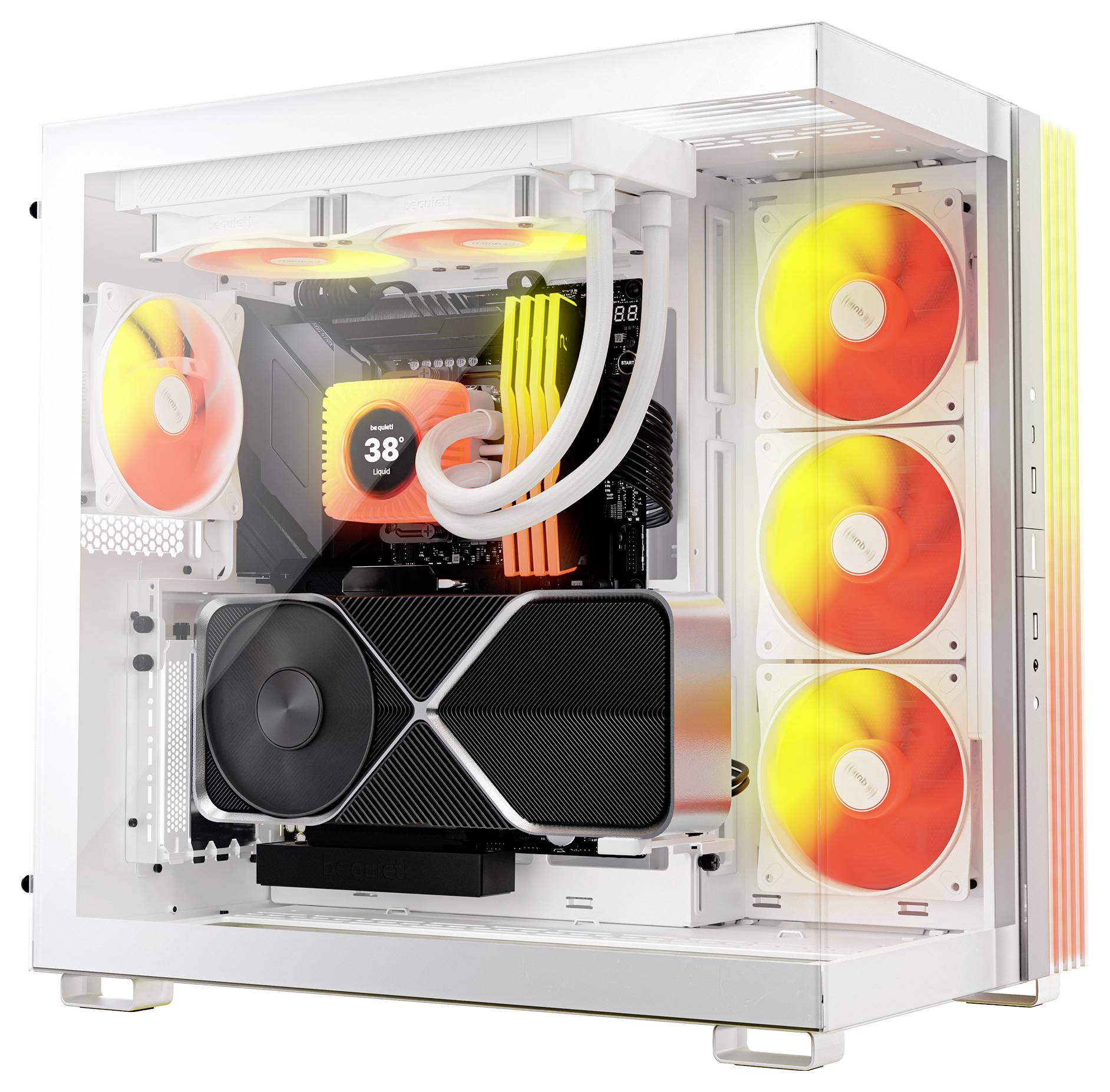 Beli custom namizni računalnik s prozornim stranskim panelom, RGB ventilatorji in tekoče hlajenje, s prikazom notranjih komponent in prikazom temperature CPE-ja 38°.