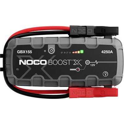 NOCO Boost X GBX155 12V zaganjač s priloženimi rdečimi in črnimi sponkami, označen s 4250A, podan v sprednji pogled