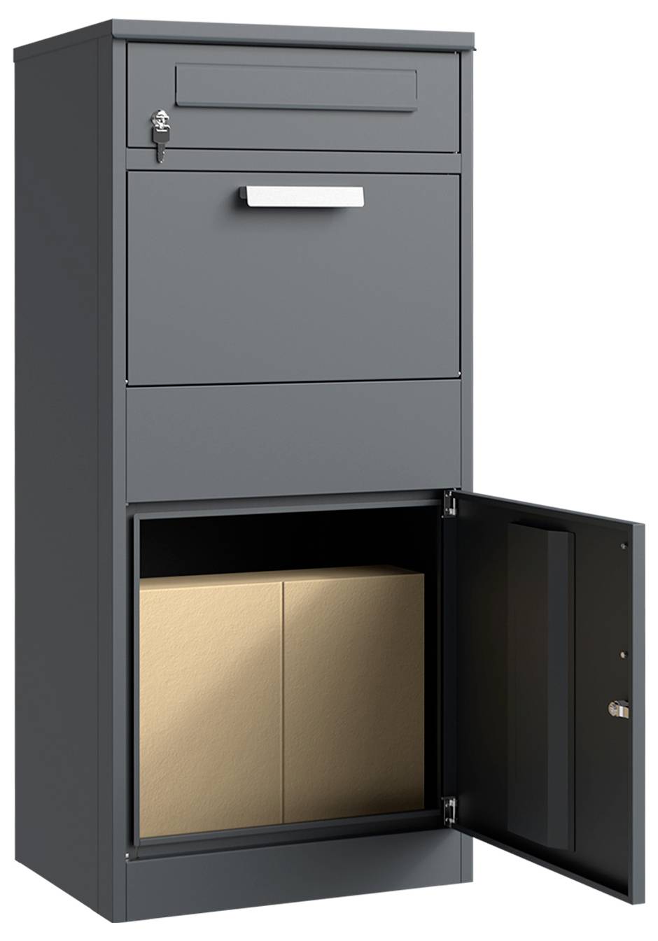 Siva kovinska varnostna omarica s ključavnico na zgornji predalu in odprto spodnjo predelko, v kateri so kartonske škatle.