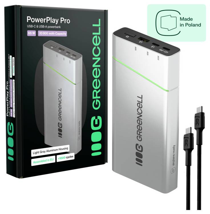Baterijska postaja Green Cell PowerPlay Pro 65W USB-C/USB-A, 20.000 mAh, z USB-C kablom; proizvod prikazan v svetlo sivi barvi, proizvedeno v Poljski