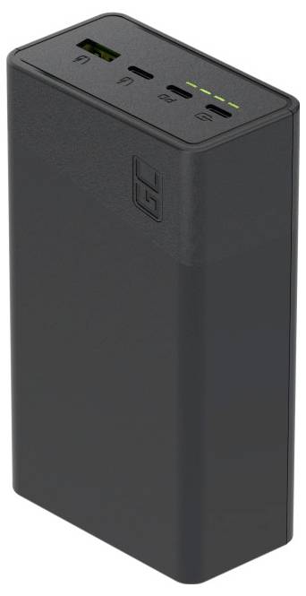 Črni prenosni powerbank z USB vhodom, štirimi LED indikatorji napolnjenosti baterije in vgnjenimi gumbi na zgornji strani