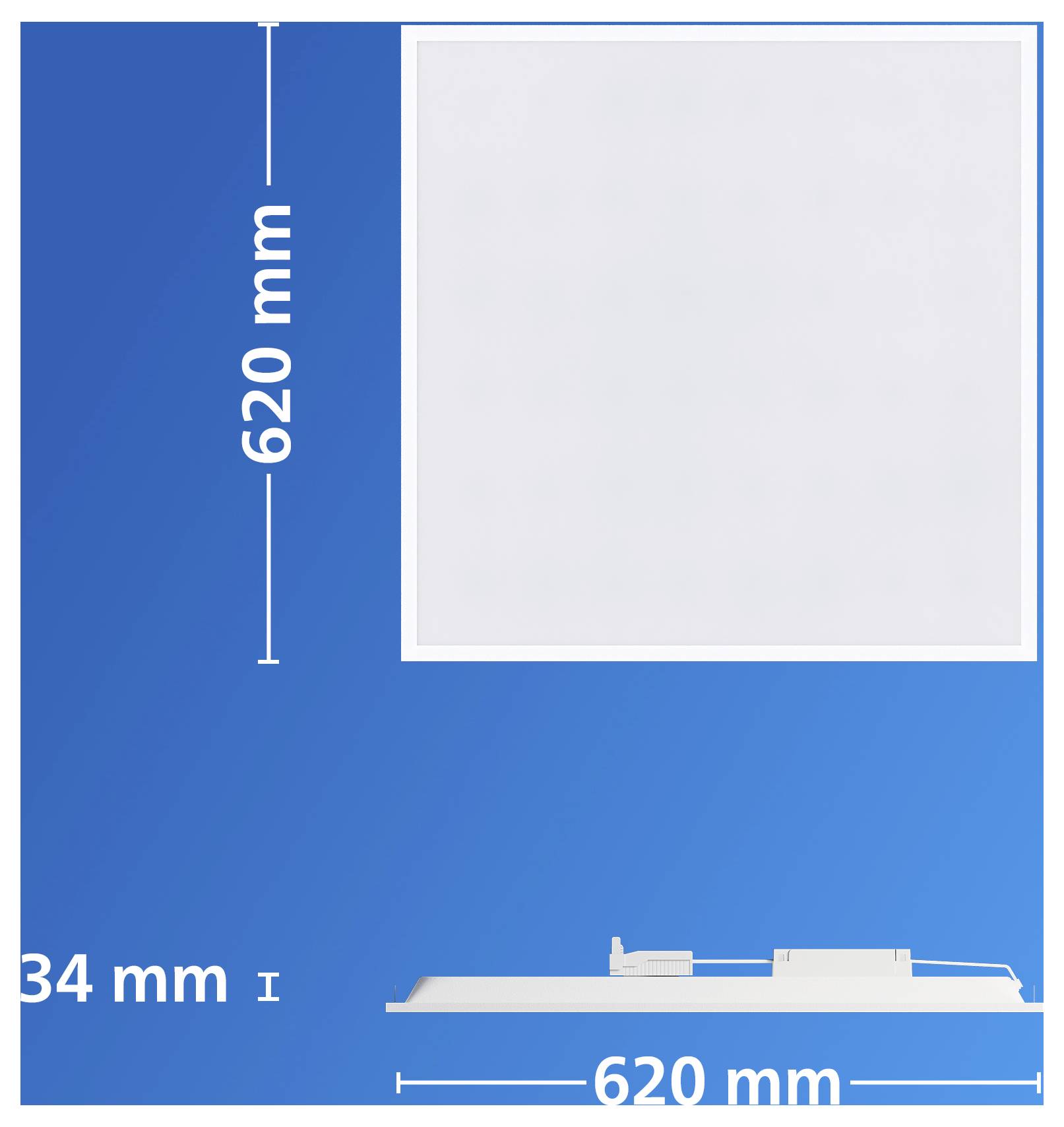 Tehnični risalni diagram ploščatega pravokotnega panela: 620 mm širine in 620 mm višine, z meritvijo globine 34 mm pri dnu.
