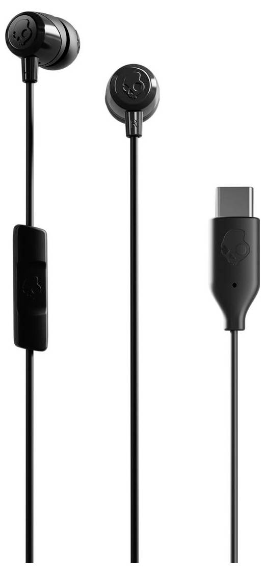 Črne žične slušalke z vgrajenim kontrolnim modulom in USB-C priključkom na belem ozadju.