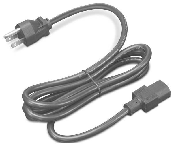 Črni napajalni kabel s polariziranim dvopolnim vtičem na enem koncu in pravokotnim konektor na drugem koncu, navit na belem ozadju.