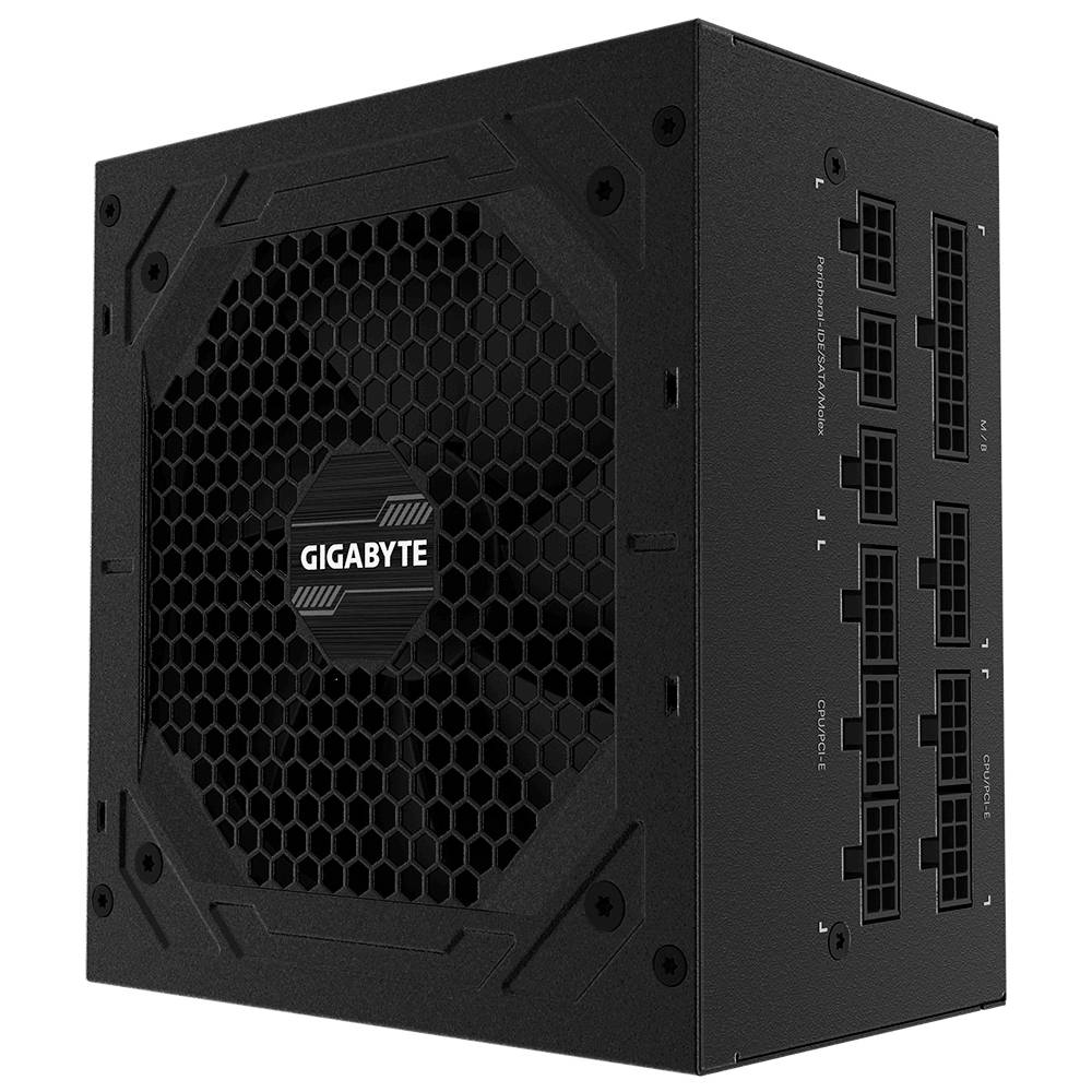 Črn napajalni Gigabyte računalnika z mrežasto rešetko ventilatorja in modularnimi konektorji kablov na strani.