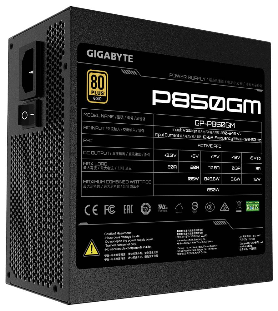 Črna Gigabyte P850GM 850W 80 Plus Gold računalniška enota napajanja prikazana od strani in spredaj.