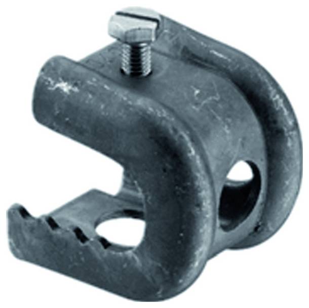 Črna kovinska sponka za kabel s priteznim vijakom, ki se uporablja za pritrditev žice ali kabla.