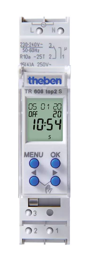 Theben TR 608 top2 S digitalni časovni stikalo z LCD zaslonom, ki prikazuje »OFF« in čas 10:54, s tipkama MENU in OK.
