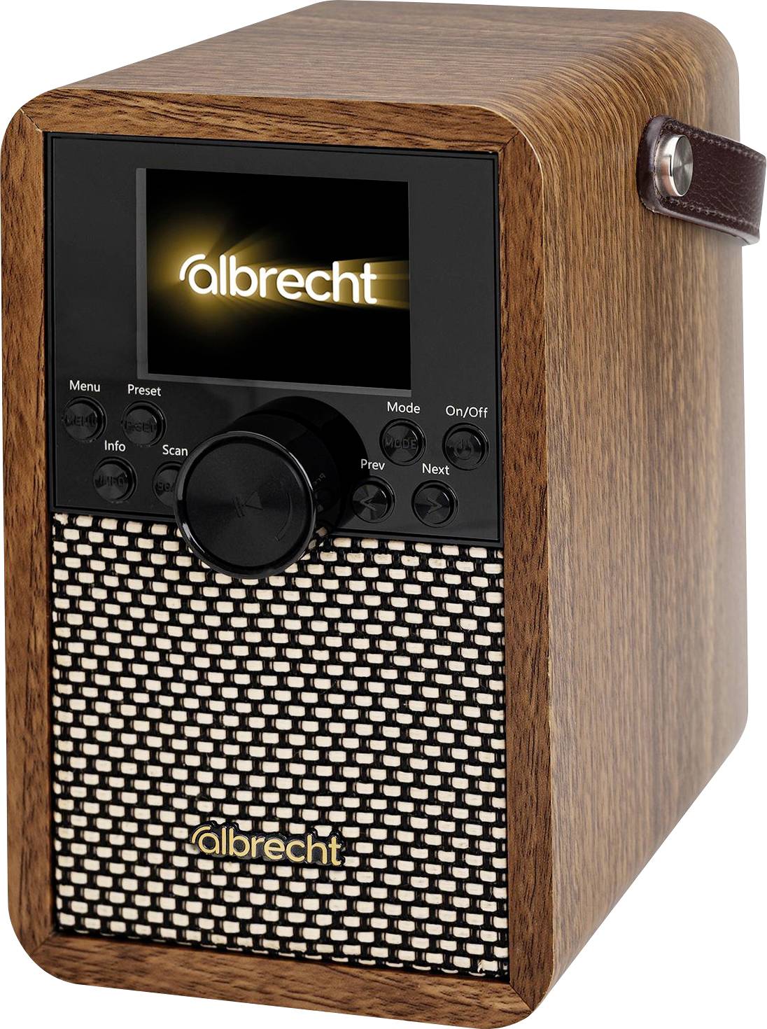 Leseni prenosni radio s prikazom na zaslonu, ki kaže "albrecht", sprednja govorna mrežica, kontrolne gumbe in bočna ročaj za nošenje.