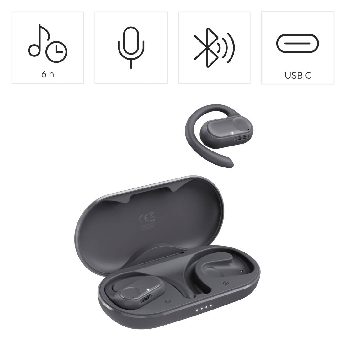 Brezžične Bluetooth slušalke s kljukico za uho s polnilno torbico; ikone prikazujejo 6-urno baterijo, mikrofon, Bluetooth in polnjenje prek USB-C.