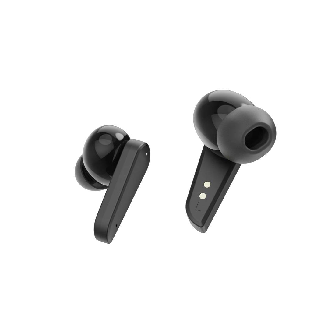 Črne brezžične slušalke prikazane na belem ozadju, ena nagnjena tako, da prikazuje nastavek za uho in stike za polnjenje.