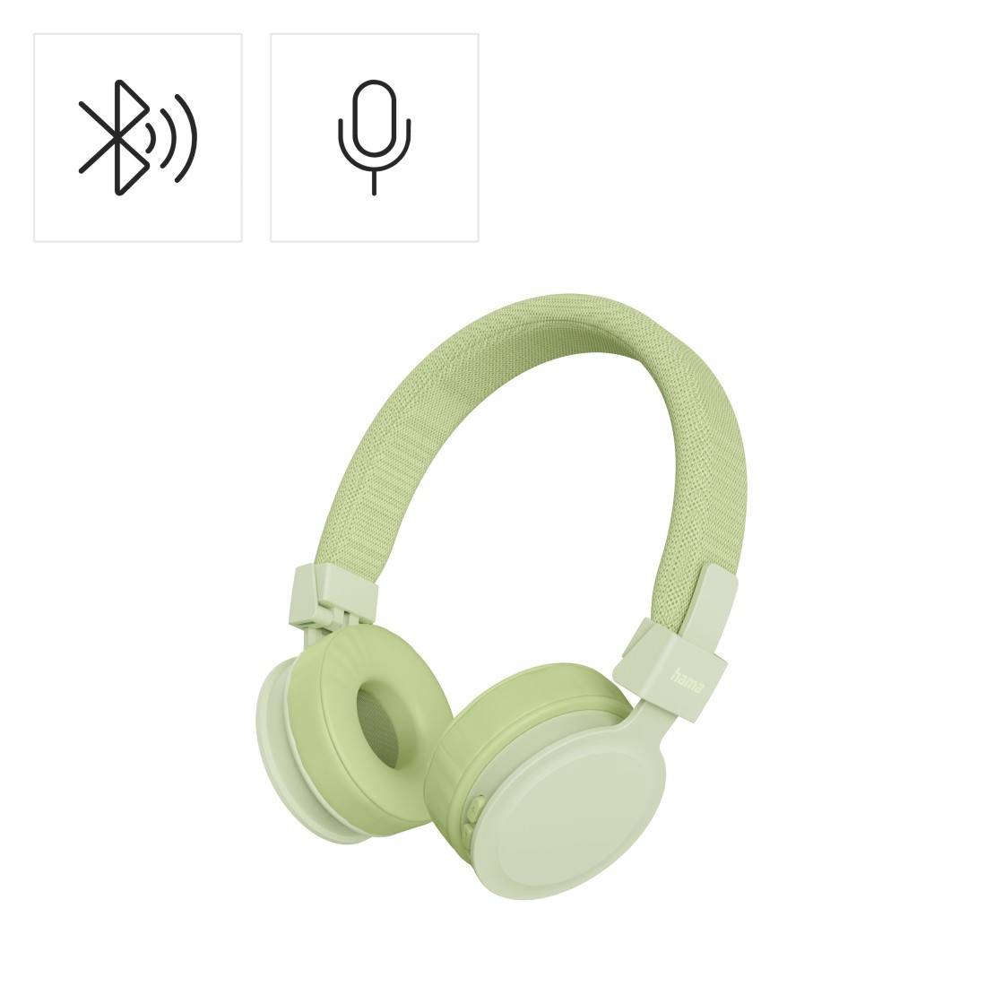 Svetlo zelene brezžične slušalke preko ušes s povezavami Bluetooth in ikonami mikrofona, kar označuje brezžični komplet za ušesa s funkcionalnostjo mikrofona.