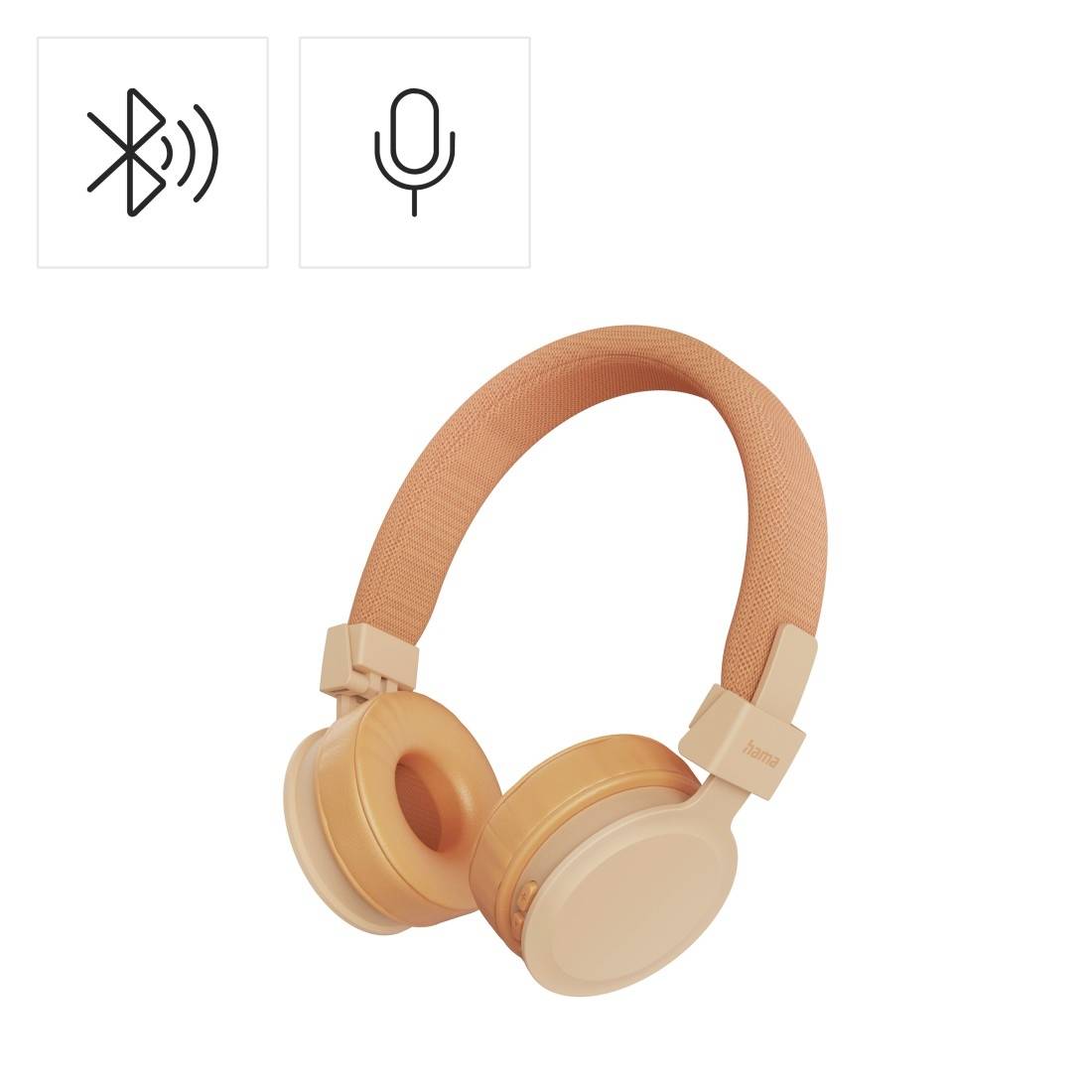 Brezžične slušalke za ušesa z Bluetooth in ikonami mikrofona, prikazane v bež barvi na belem ozadju.
