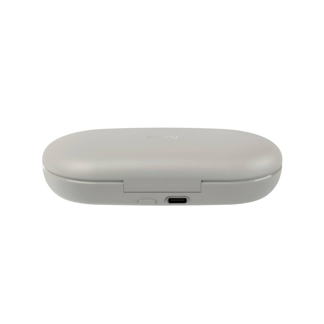 Svetlosivá ovalna torbica za polnjenje prikazana zaprta, s sprednjim šivom in vidnim portom USB-C na belih ozadju.