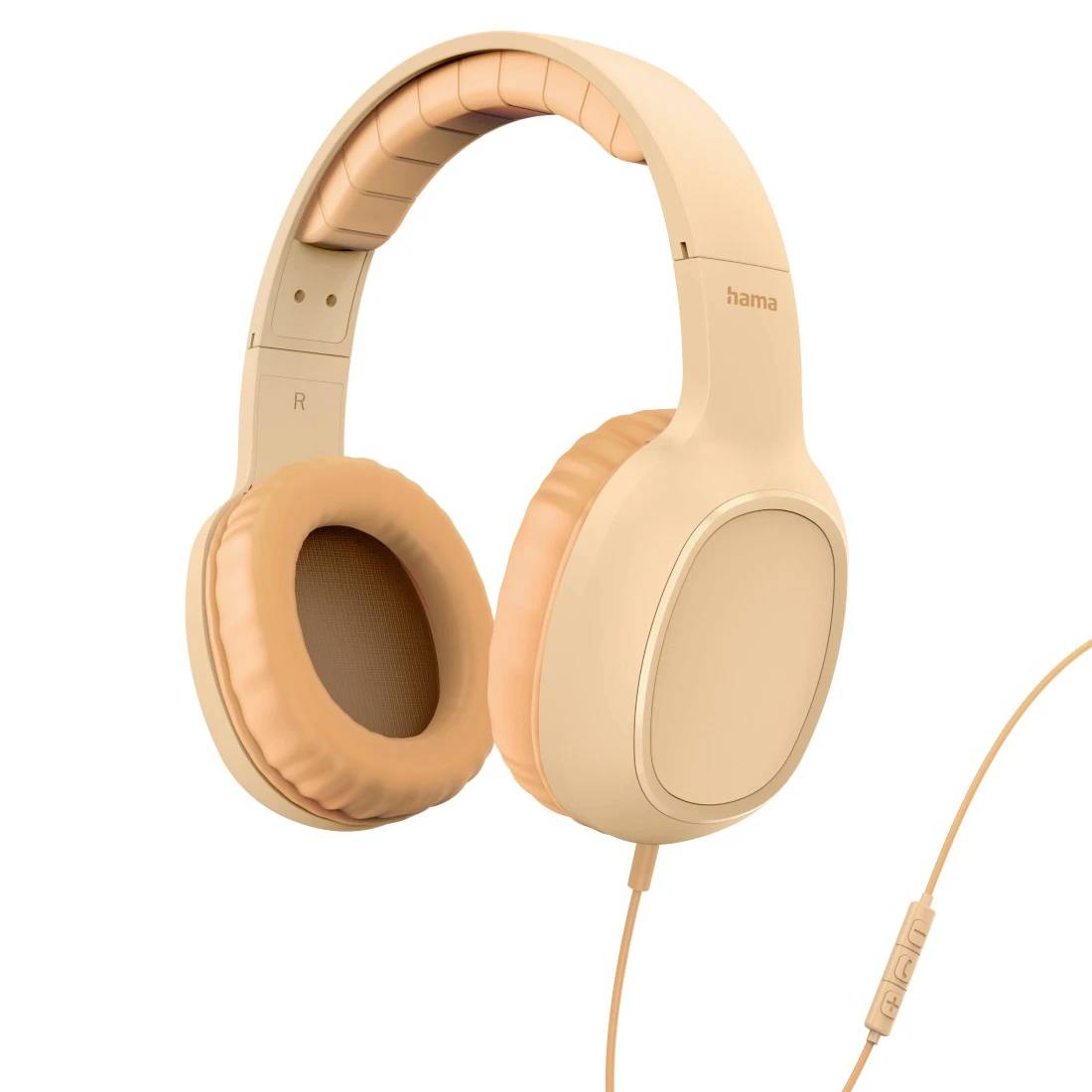 Beige naglavne žične slušalke z blazinjastimi ušesnimi blazinicami in nastavljivim naglavnim lokom, prikazane v pogledu slogovnega izdelka na belni podlagi.