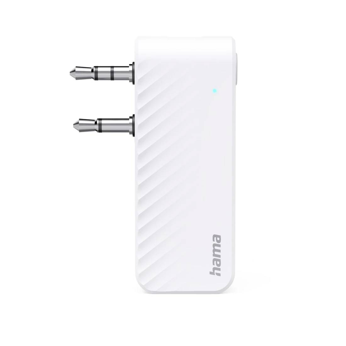 Beli Hama dvojni audio adapter z dvema kovinskih vtičev in majhno modro indikatorsko lučko na navadnem ozadju.