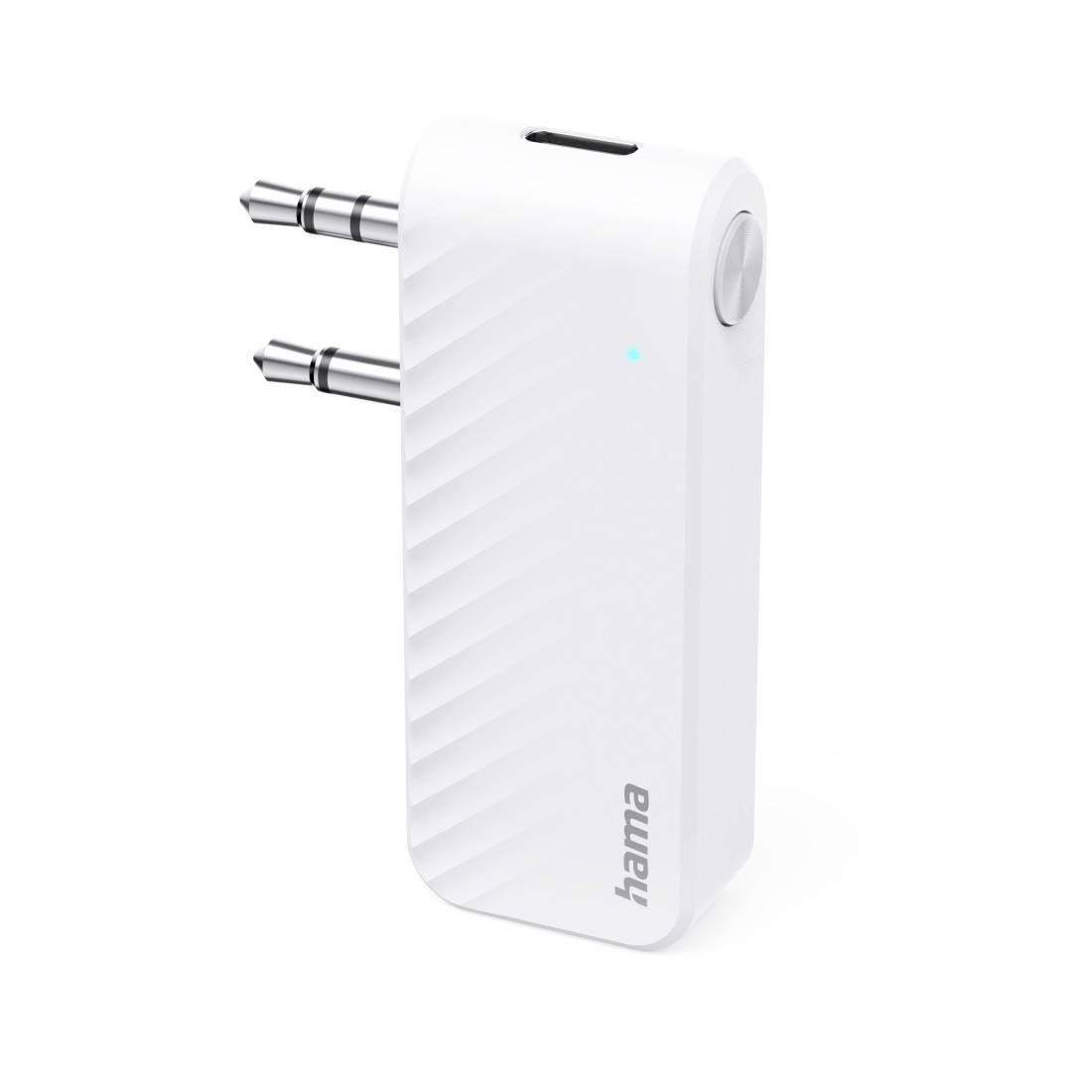 Bel vstavni Bluetooth avdio sprejemnik z dvema 3,5 mm vtičema, gumbom za vklop in blagovno znamko "hama" na preprostem ozadju.