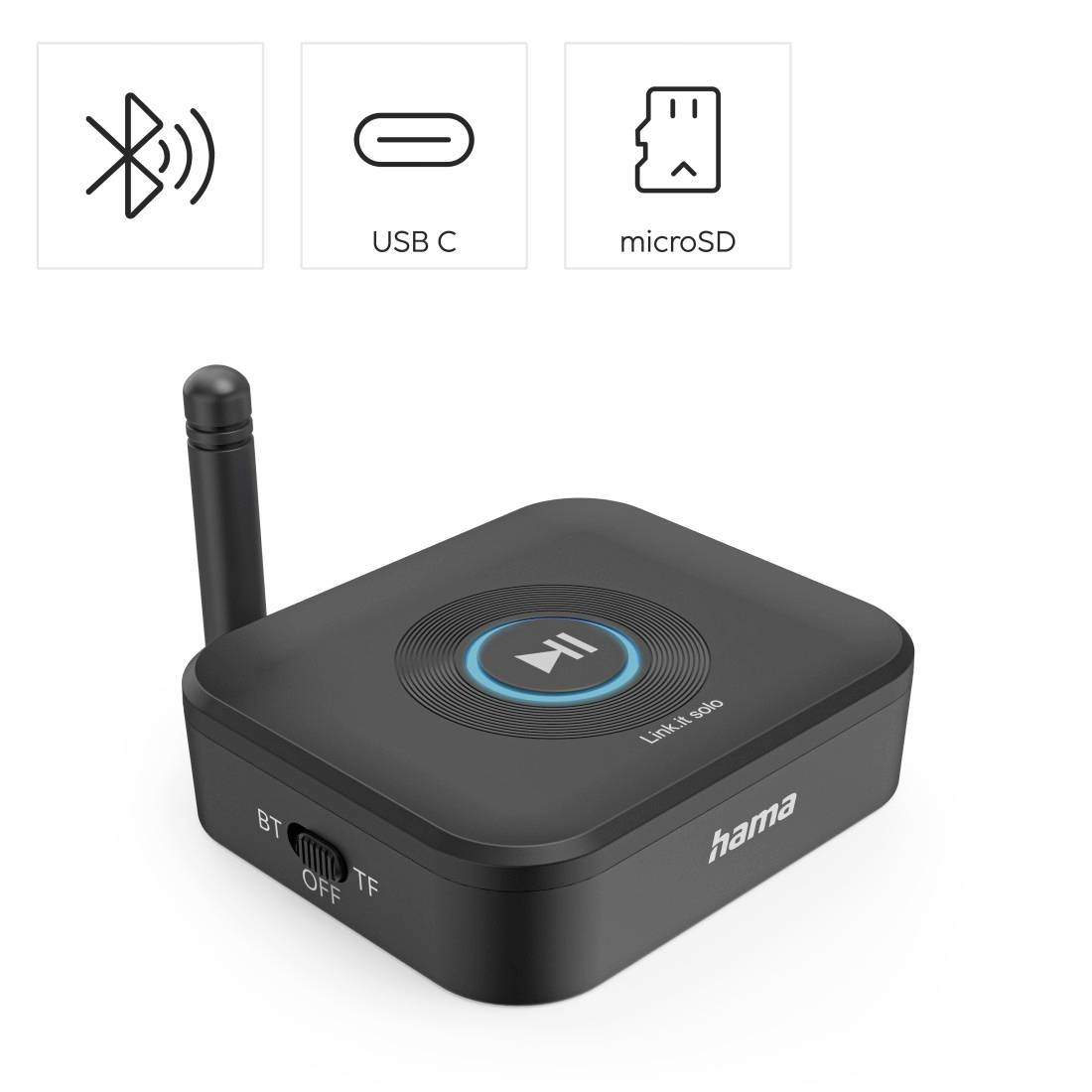 Prenosni sprejemnik Bluetooth audio Hama z anteno, Bluetooth, USB-C in microSD ikonami ter stikalom BT/OFF/TF.