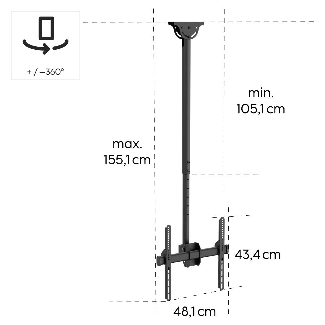 Diagram prilagodljivega stropa nega TV nosilca s 360° vrtenjem; višinski razpon 105,1–155,1 cm, širina nosilca 48,1 cm, VESA 43,4 cm.