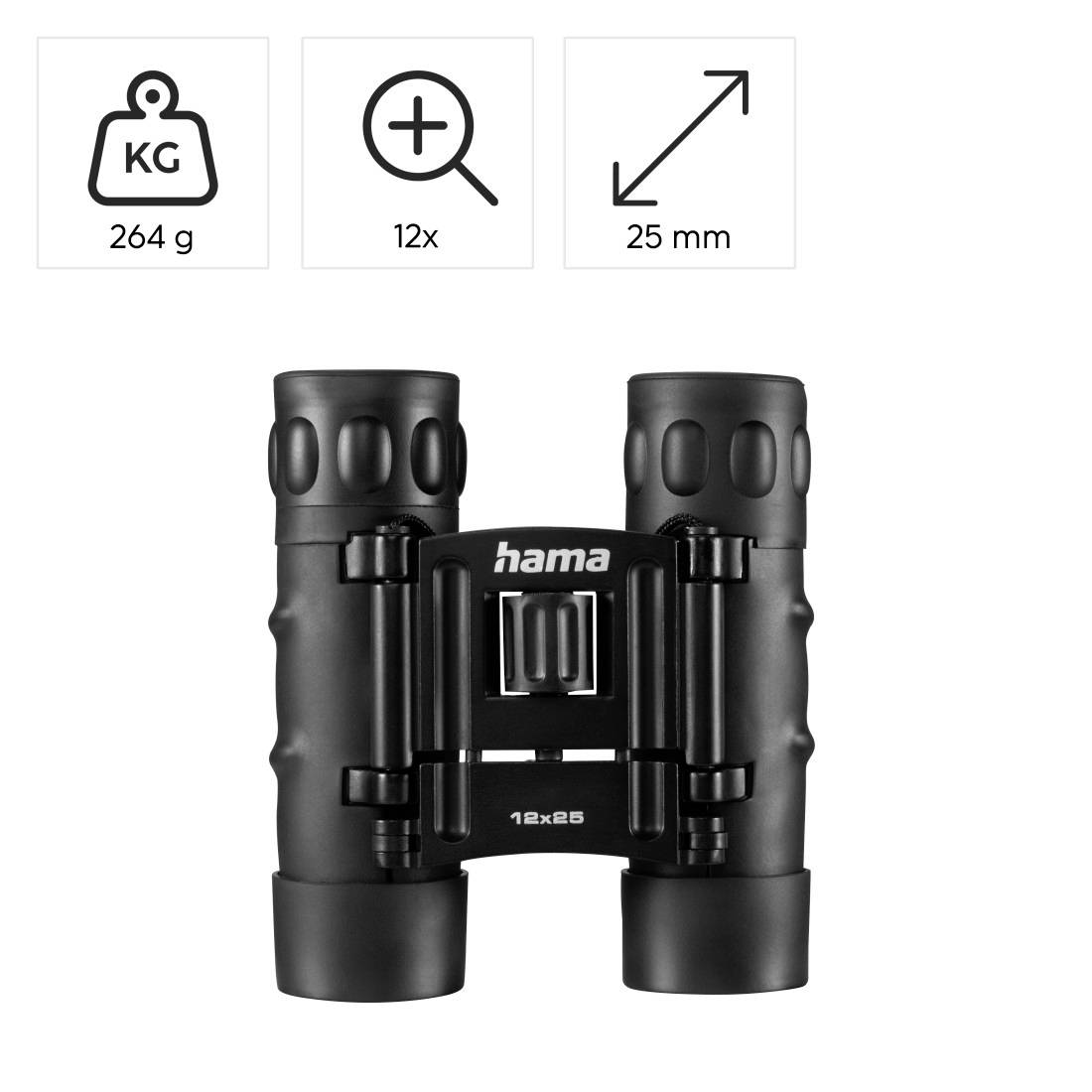 Črni Hama 12x25 daljnogled prikazan s sprednje strani, z ikonami, ki označujejo težo 264 g, povečavo 12x in velikost leče 25 mm.