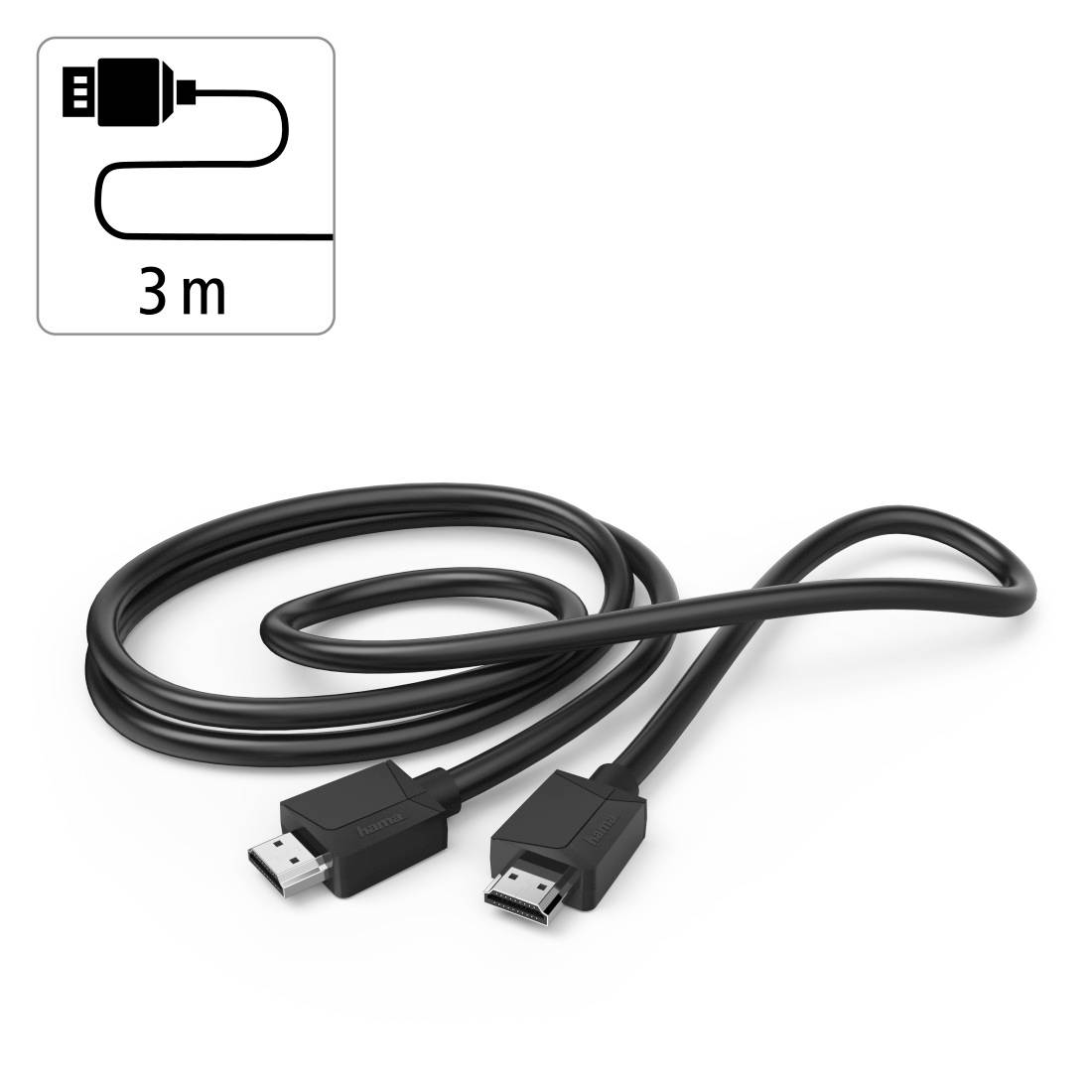 3 m črni USB kabel z Micro-USB in priključki v slogu HDMI, prikazani na belem ozadju.
