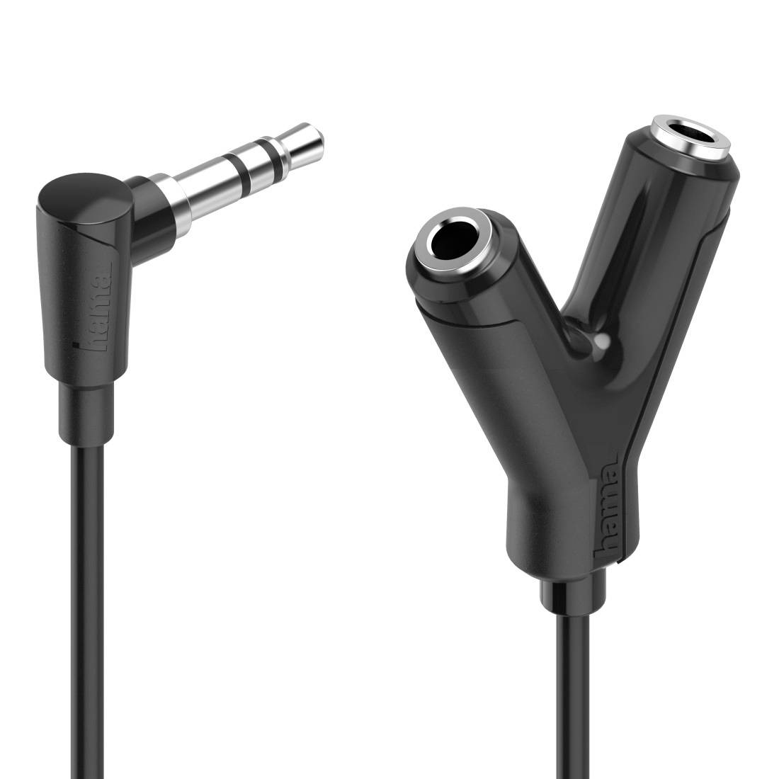 Črni Y-adapter za razdelitev zvoka z enim samskim 3,5 mm vtičem in dvema samščevskima vhodoma.