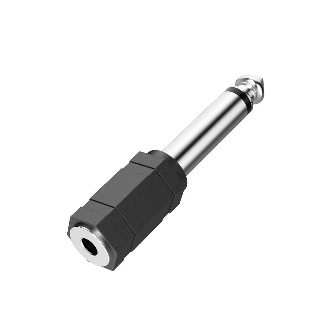 Kovinsk audio adapter vtič s črno šestkotno ohišjem in srebrnim 1/4-palčnim priključkom na beli podlagi