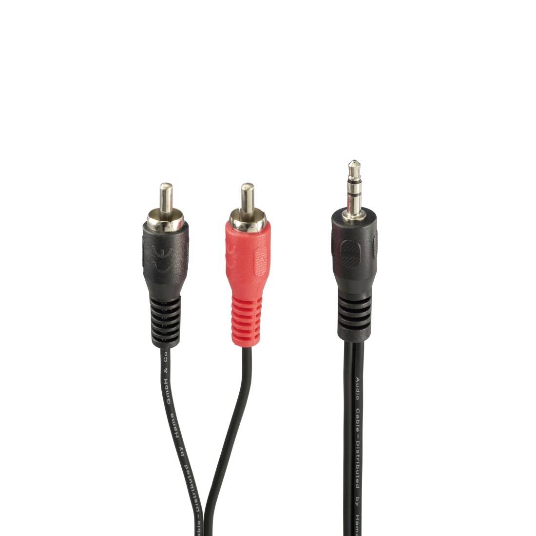 Trije zvočni kabli z RCA in 3,5 mm moškima priključkoma, dva rdeča in črna RCA vtikača na levi in v sredini ter črni stereo vtikač na desni.