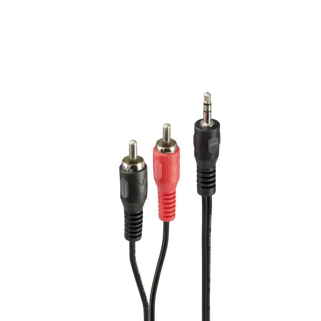 Tri avdio konektorski vtiči na črnih kablih: dva RCA vtičnika, ena rdeča in ena črna, ter en 3,5 mm stereo vtič.